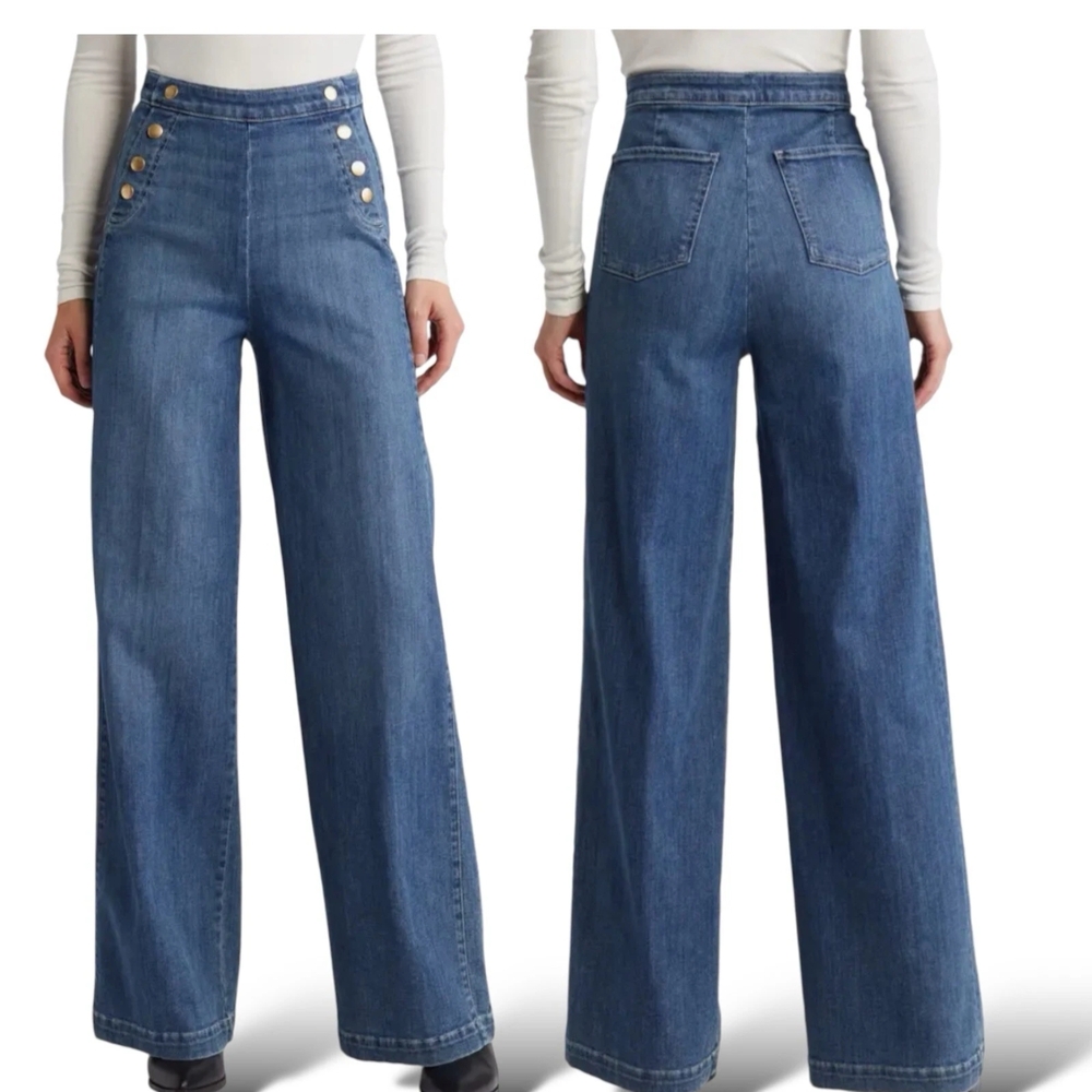 Frame Denim Button-Detail Blue Wide Leg Jeans